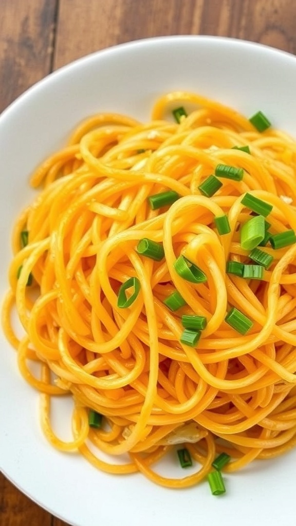 Crispy vermicelli noodles garnished with green onions on a rustic wooden table.